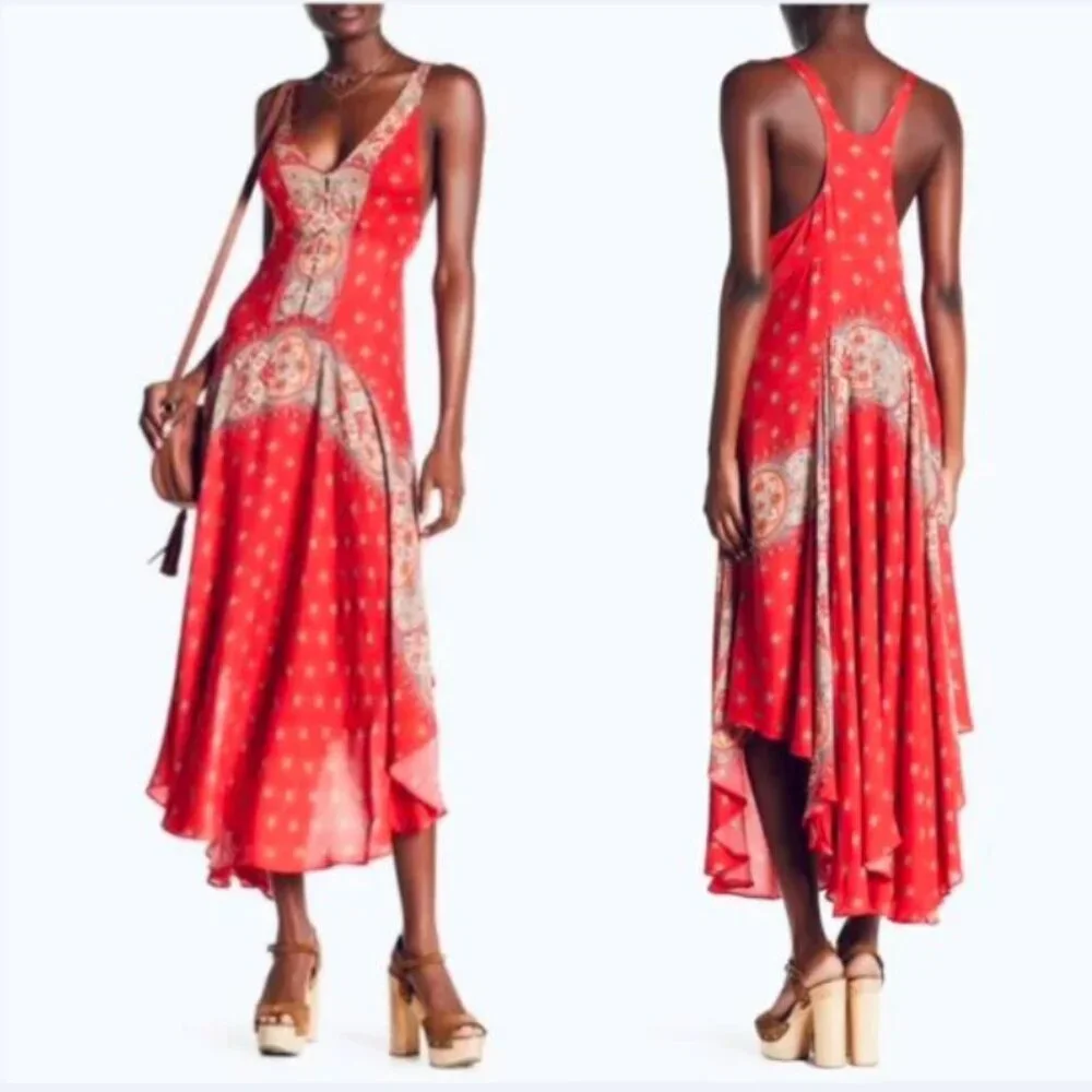 Free People Faithfully Yours V Neck Slip Dress Maxi Red Paisley Boho Hippie XS